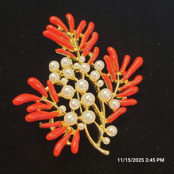 Unbranded Jewelry - Brooch Festive Enamel Coral Pearl Goldtone Pin Lapel Scarf Hat Holiday Gift